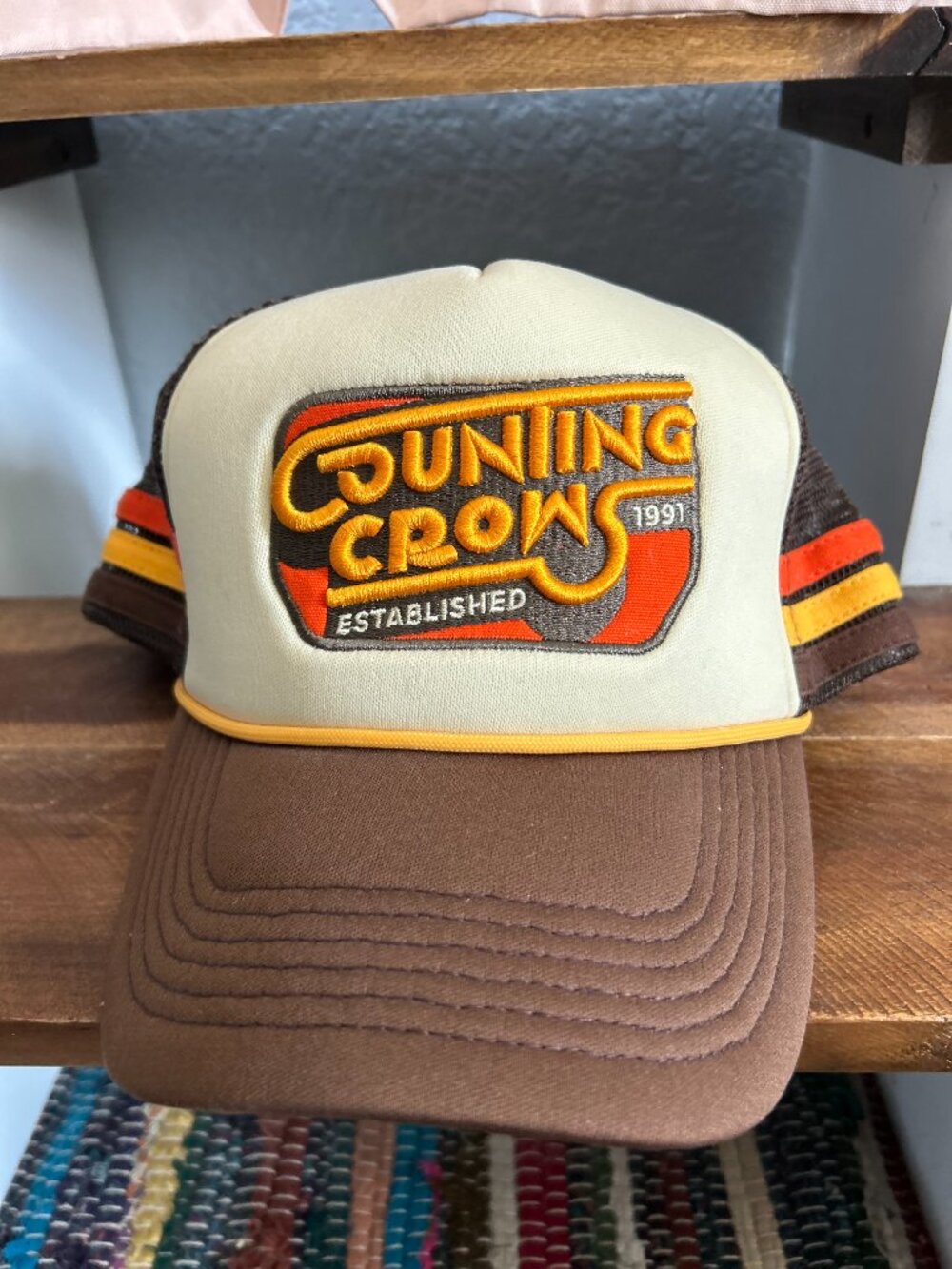 Counting Crows Established 1991 Retro Trucker Hat Snapback Brown Cream Mesh Cap